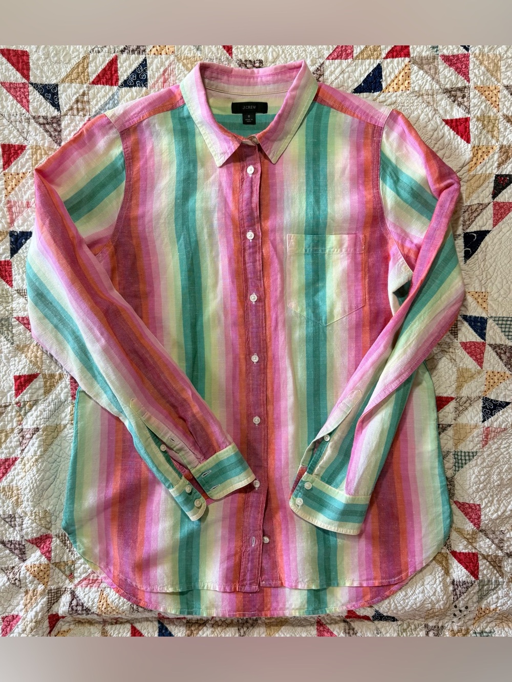 J.Crew Rainbow Stripe Linen Cotton Button-Down Shirt Size 8